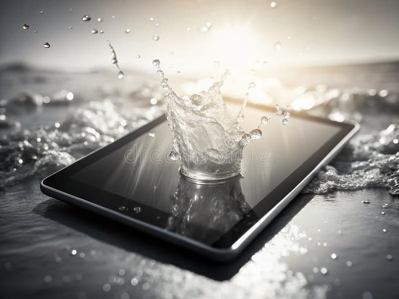EcoFriendly Technology Exploring Sustainable Computing with a Tablet in Warm Sunlight Captured with a Water Splash royalty free illustration