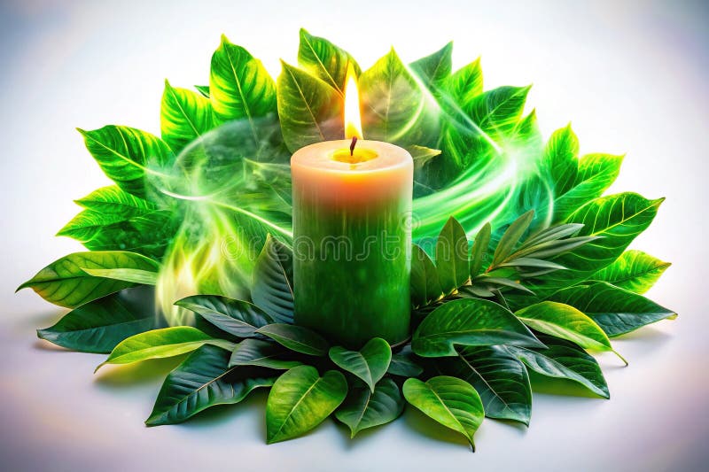 EcoFriendly Wax Candle med brant Green ger en serene Neon Light-målning för en modern och hållbar Aestetisk royaltyfri illustrationer
