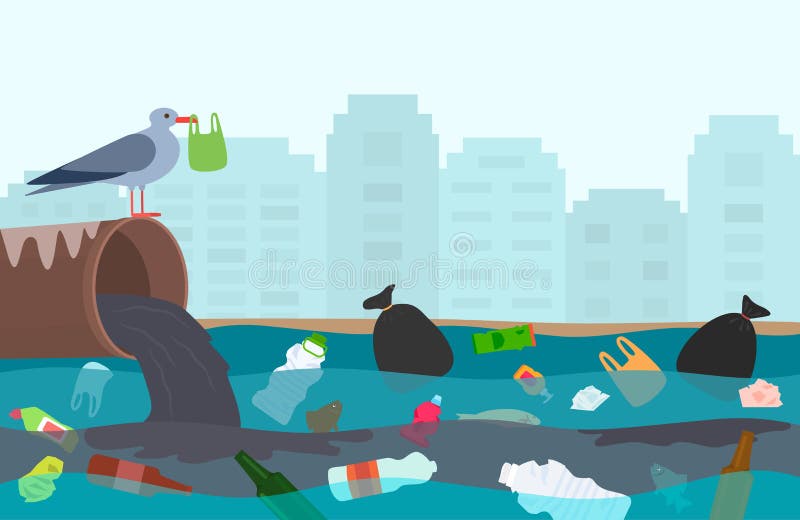 Ecological disaster of plastic waste in the river. City gutter flows into the lake polluted with plastic and household vector illustration