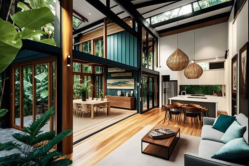 Ecological house in the forest. Neural network vector illustration.