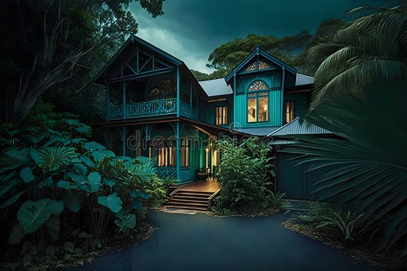 Ecological house in the forest. Neural network stock illustration.