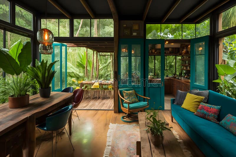 Ecological house in the forest. Neural network stock illustration.