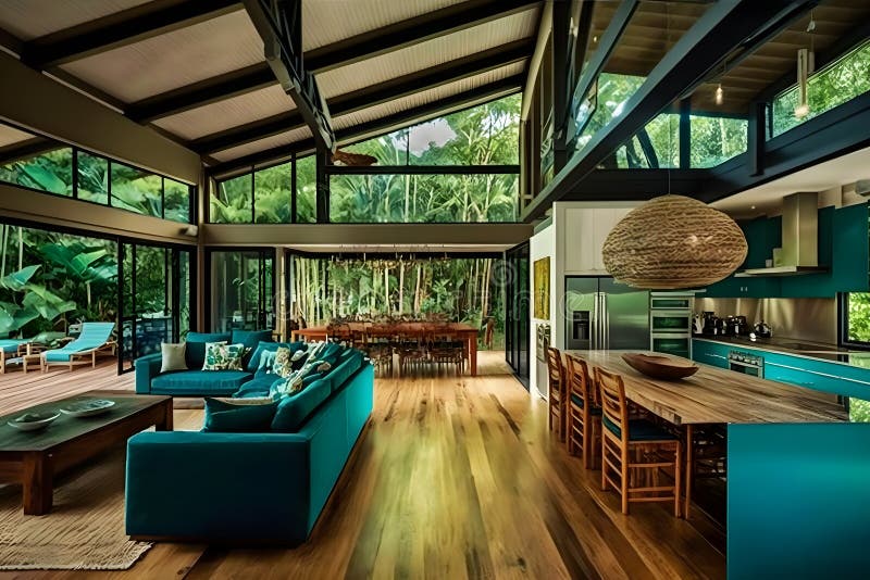 Ecological house in the forest. Neural network vector illustration.