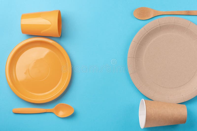 Ecological and Plastic Disposable Tableware for Food on a Blue Background Stock Image Image of