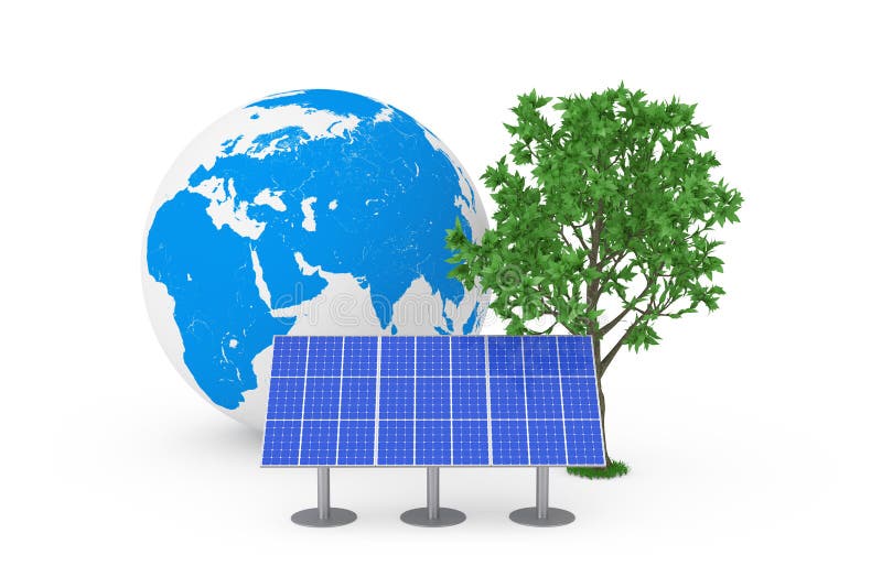 Ecological Energy Concept. Blue Solar Cell Pattern Panel, Earth Globe and Green Tree on a white background. 3d Rendering. Ecological Energy Concept. Blue Solar Cell Pattern Panel, Earth Globe and Green Tree on a white background. 3d Rendering