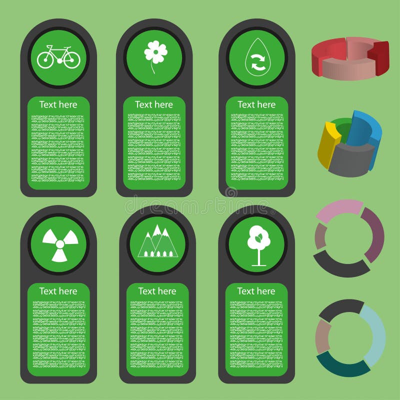 Ecologische bedrijfs groene infographic met pictogrammen en 3d grafieken, vlak ontwerp stock illustratie Ecologische bedrijfs groene infographic met pictogrammen en 3d grafieken, vlak ontwerp stock illustratie