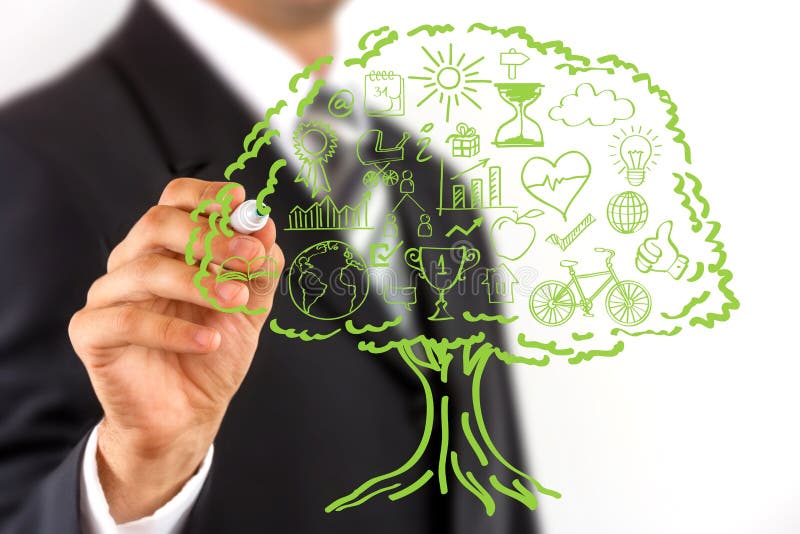 Business man hand drawing ecology concept icons, grouped inside green tree. Business man hand drawing ecology concept icons, grouped inside green tree.