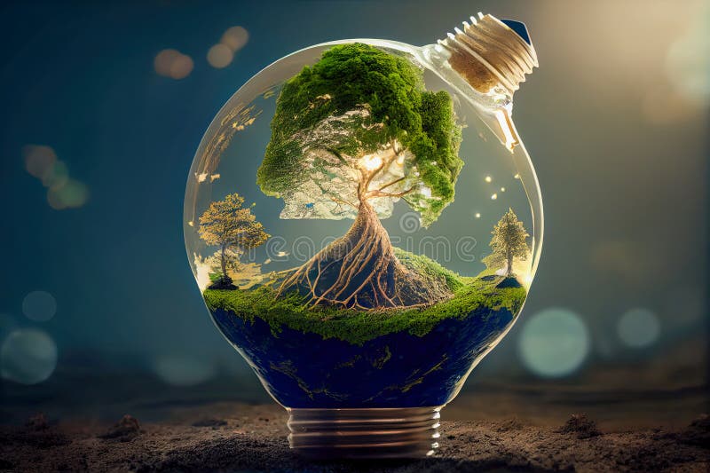Ecology Concept with Tree Growing Inside of Light Bulb. Generative AI