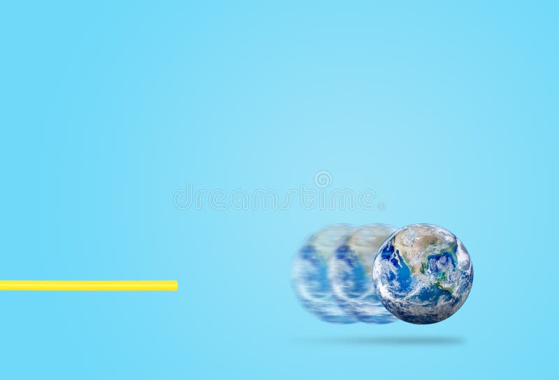 Ecology and Environmental Pollution Concept : Abstract image of Yellow straw blowing blue planet earth in blue background. Elements of this image furnished by NASA.