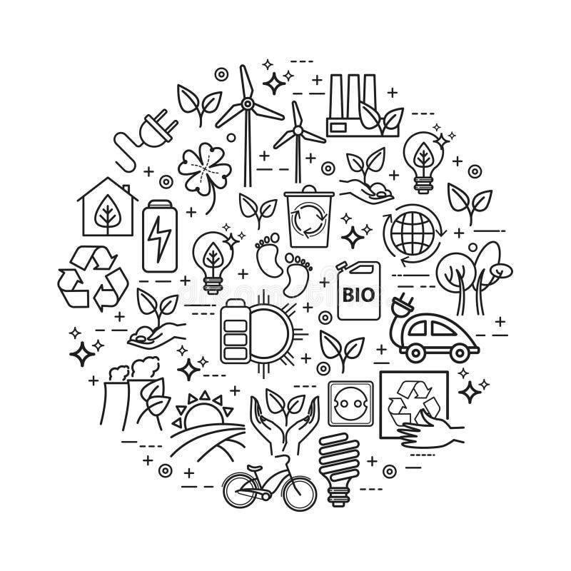 Ecology lifestyle, green energy, recycle. Vector icons set in linear style royalty free illustration