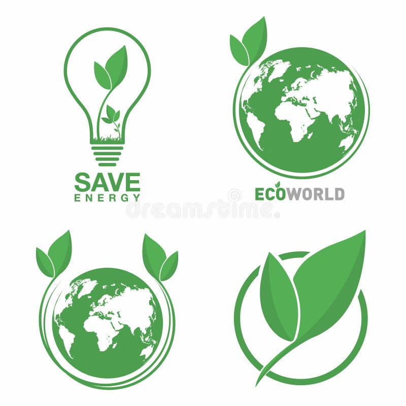 Ecology logo set. Eco world, green leaf, energy saving lamp symbol. Eco friendly concept for company logo