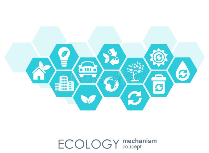Ecology mechanism concept. Abstract background with connected gears and icons for eco friendly, energy, environment, green, recycle, bio and global concepts. Vector infographic illustration