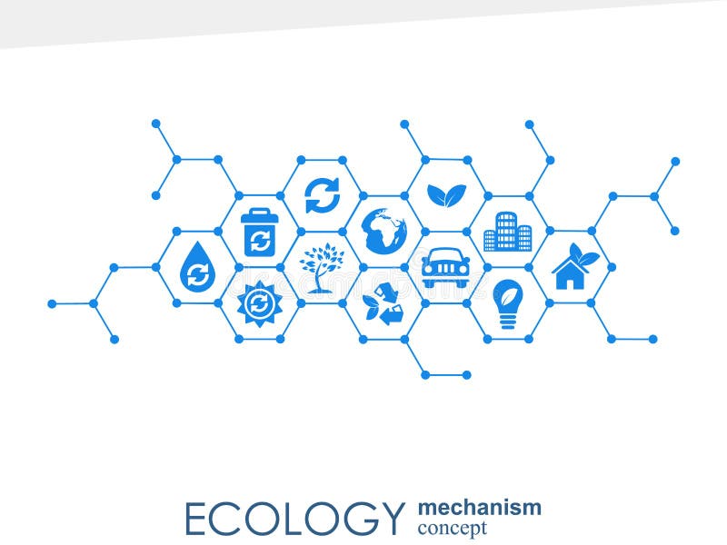 Ecology mechanism concept. Abstract background with connected gears and icons for eco friendly, energy, environment, green, recycle, bio and global concepts. Vector infographic illustration