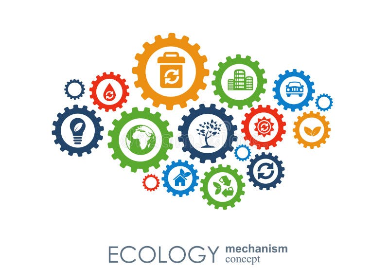 Ecology mechanism concept. Abstract background with connected gears and icons for eco friendly, energy, environment, green, recycle, bio and global concepts. Vector infographic illustration