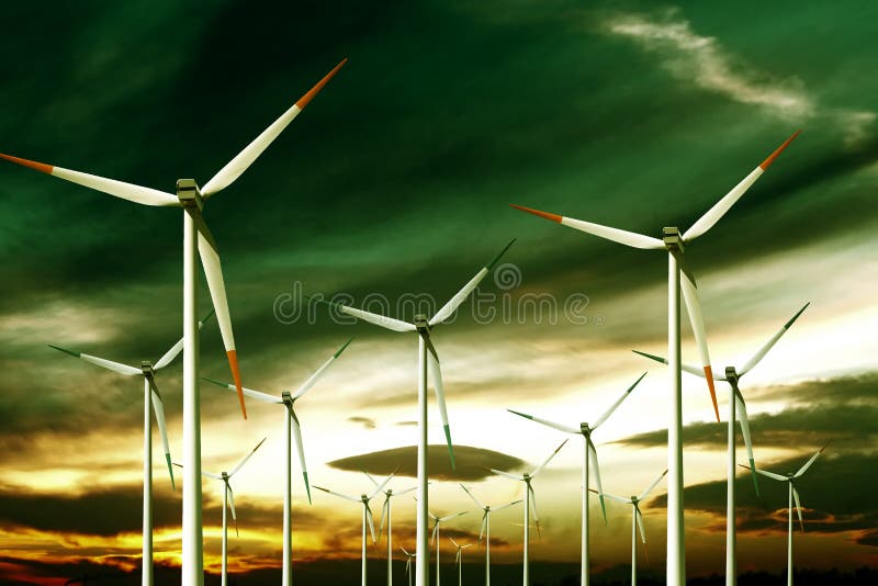 Wind generators line the hilltops on a modern wind farm. Wind generators line the hilltops on a modern wind farm