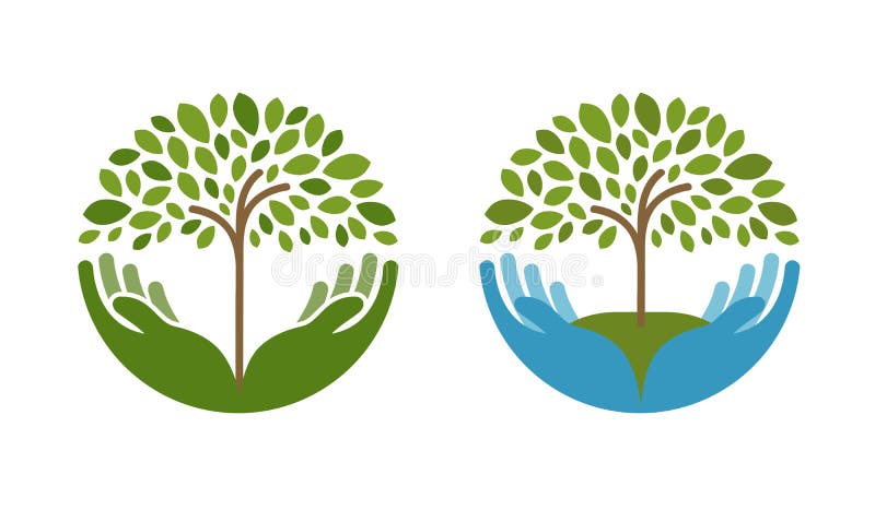Ecología, logotipo del vector del ambiente natural Árbol, cultivando un huerto o cultivando iconos