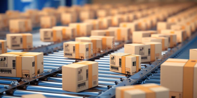 Ecommerce Fulfillment Center With Moving Packages On Conveyor Belt stock illustration