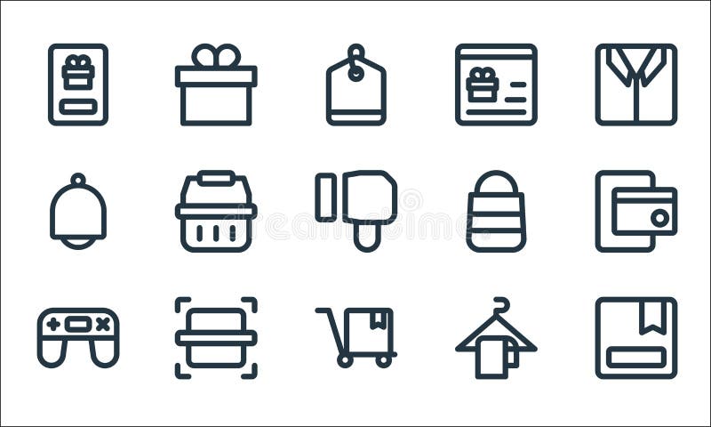Ecommerce line icons. linear set. quality vector line set such as box, shopping cart, gamepad, hanger, scan, notification vector illustration