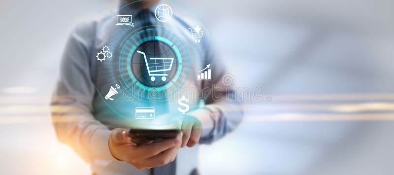 Ecommerce online compra marketing digital y concepto de tecnología comercial de ventas.