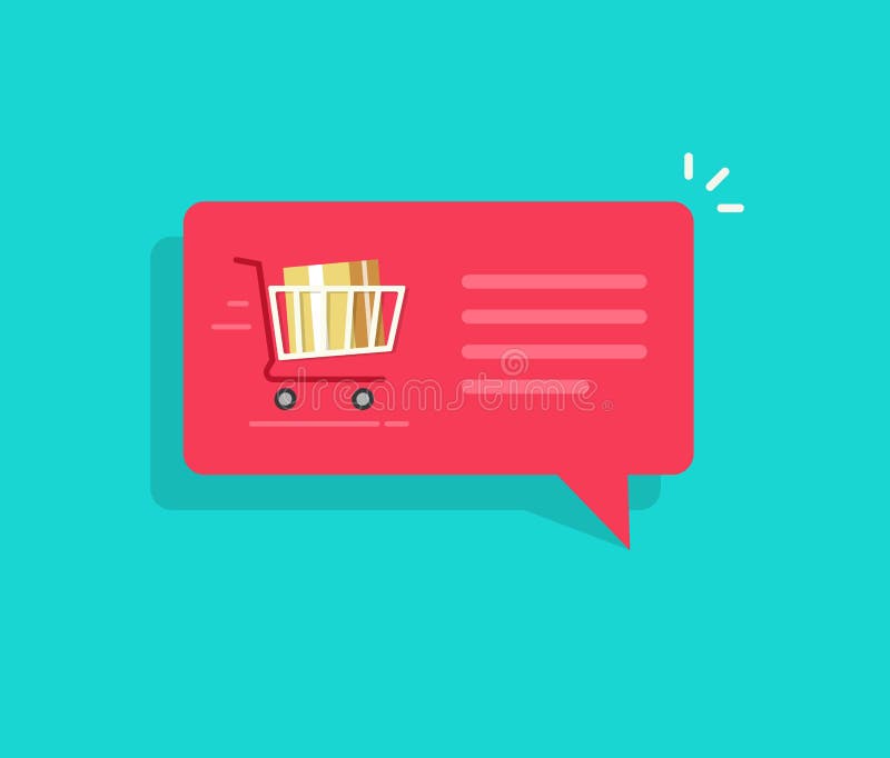 Ecommerce order notification message vector illustration, flat bubble speech with full shopping cart and text, concept royalty free illustration