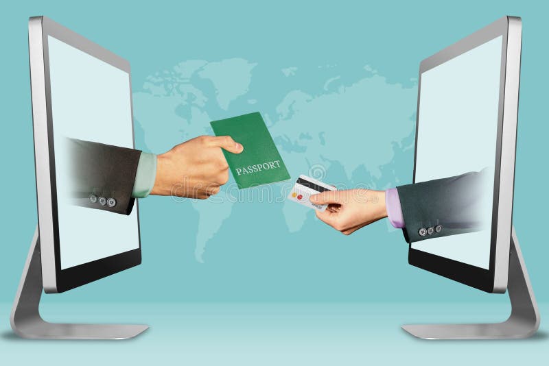 Ecommerce pojęcie, dwa ręki od laptopów paszport i ręka z kartą kredytową ilustracja 3 d ilustracji Ecommerce pojęcie, dwa ręki od laptopów paszport i ręka z kartą kredytową ilustracja 3 d ilustracji