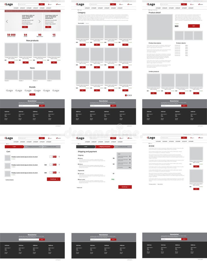 Ecommerce website template, set of six web pages. Flat design la