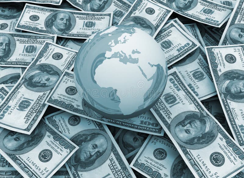Economia global - globo do mundo no fundo do dólar ilustração do vetor Economia global - globo do mundo no fundo do dólar ilustração do vetor