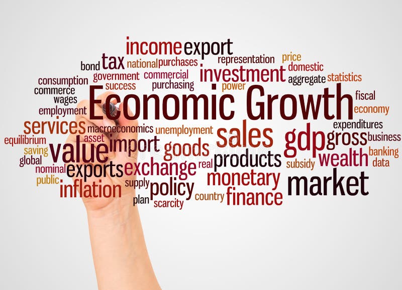 Economic Growth Word Cloud and Hand with Marker Concept Stock Image