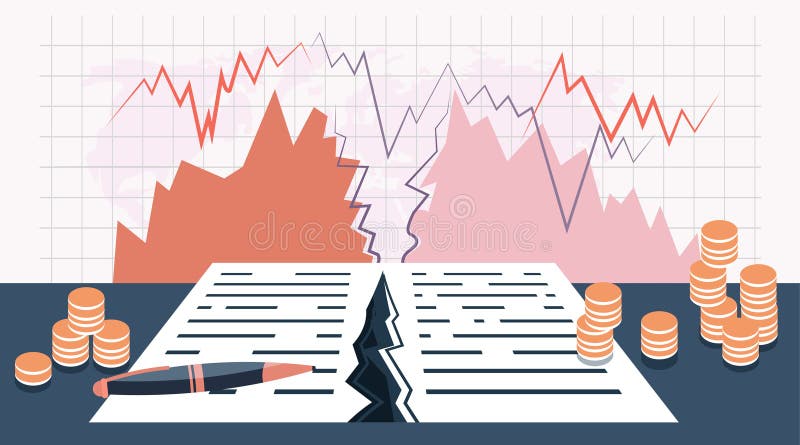 Economic recession financial crisis broken contract torn document declining graph chart coin stacks pen flat design stock illustration