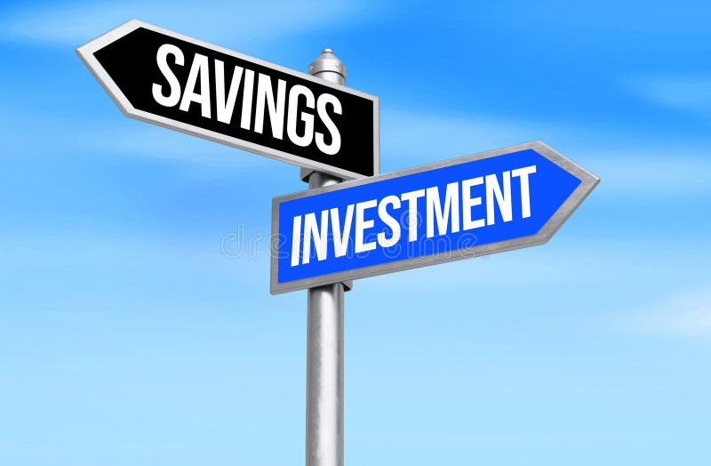 Economii vs. investiții scrise pe panoul albastru și pe cel negru care indică în direcții opuse. Economie financiară pentru întrep stock images