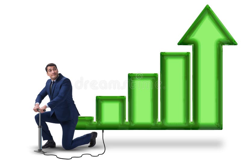 The Economist die de economische groei in economie op witte achtergrond pompen stock afbeelding The Economist die de economische groei in economie op witte achtergrond pompen stock afbeelding