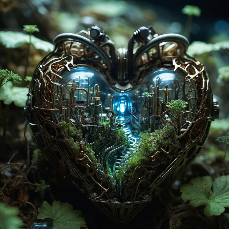 Ecosistema meccanico del cuore con isole galleggianti e creazioni bioluminescenti fotografie stock