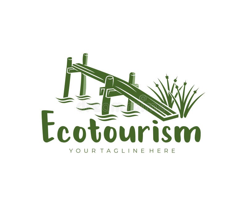 Ecotourism, dock, pier and aquatic plants, logo design. Traveling, tourism, rural scene and agritourism, vector design