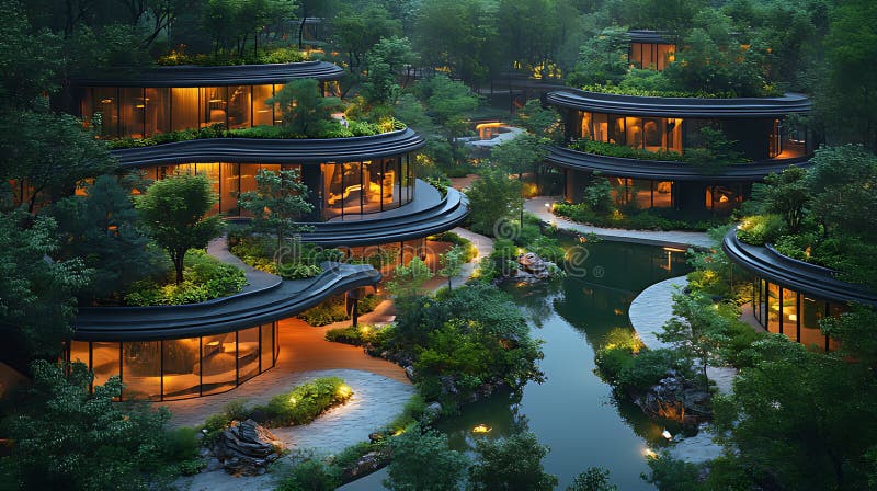 Ecovillage maisons courbées nuit forêt étang durable vie architecture illustration libre de droits