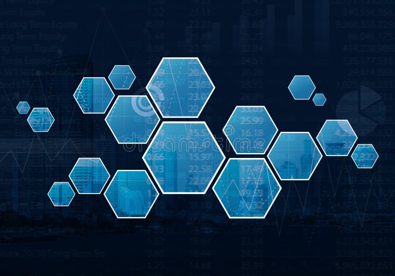 Ecran cu tehnologie virtuală formă hexagonală în gol, pe grafic și pe cit stock photos