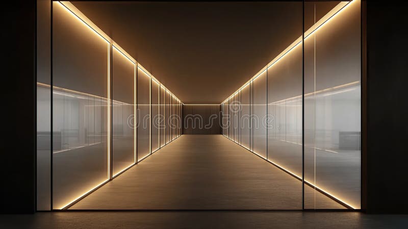 Ecran de sticlă pentru coridor modern, iluminat Birou Interior Blur royalty free illustration