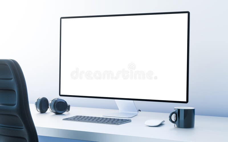 Ecran gol Spațiu de lucru minimalist pentru monitor cu căști de la tastatură și cană de cafea pe un birou curat stock illustration