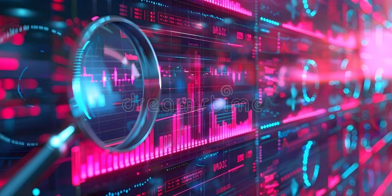 Ecran neon umplut cu grafice și grafice îmbunătățite prin mărirea sticlei. vizualizare de date concept royalty free illustration