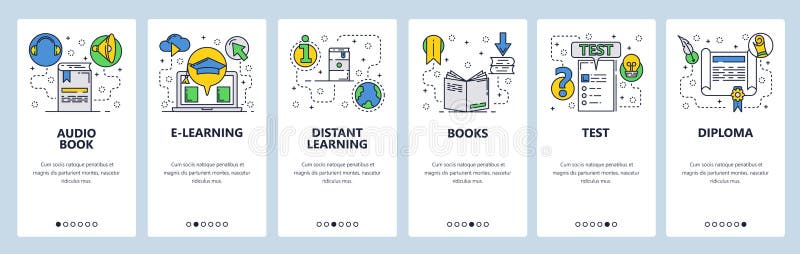 Ecrane site web la îmbarcare. educație online și educație. examene și diplome. șablon bară vectorială meniu pentru royalty free illustration