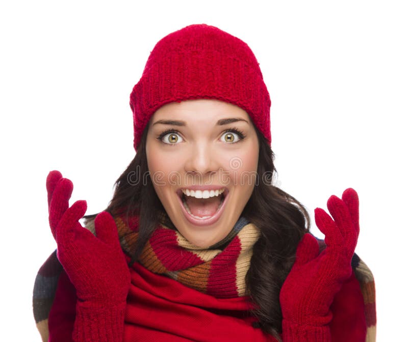 Ecstatic Mixed Race Woman Wearing Winter Hat and Gloves royalty free stock photo Ecstatic Mixed Race Woman Wearing Winter Hat and Gloves royalty free stock photo