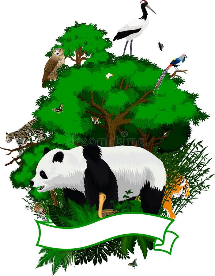 Ector中国与红被加冠的起重机，欧洲产之大雕，老虎，大熊猫熊，中国北部豹子，被覆盖的豹子的密林象征 向量例证