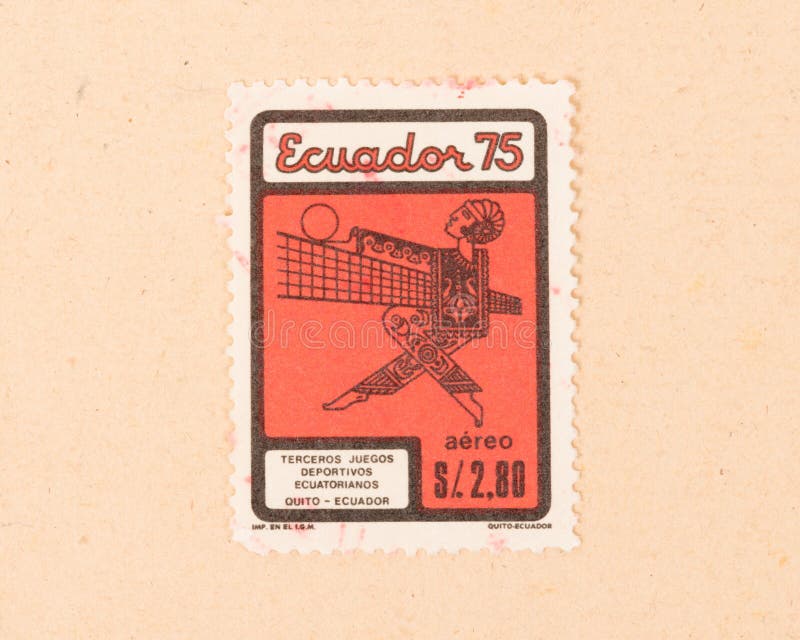 A stamp printed in Ecuador shows someone playing volleyball, circa 1980 stock photos