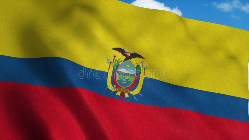 Ecuador flag waving in the wind, blue sky background. 4K stock illustration