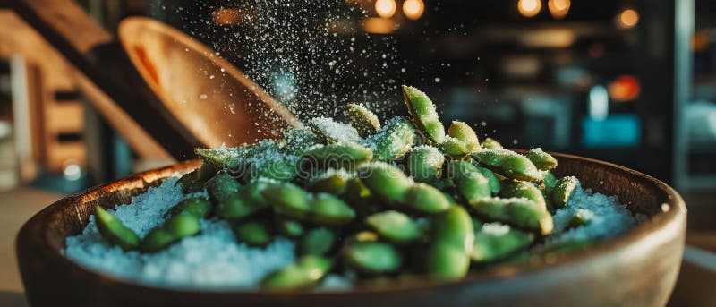 Edamame sprinklad med havssalt på en träskål för ett hälsosamt japanskt snack fotografering för bildbyråer