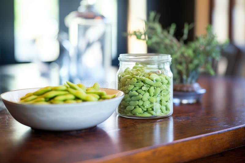 Edamame Stuffed in Clear Glass Jar, Pantry Setting Stock Image Image