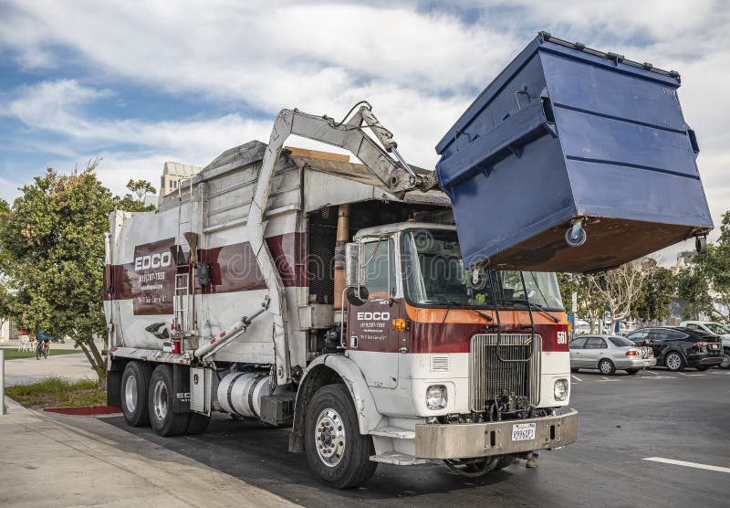 EDCO Frontloading Trash Pickup Truck, San Diego, CA, USA Editorial