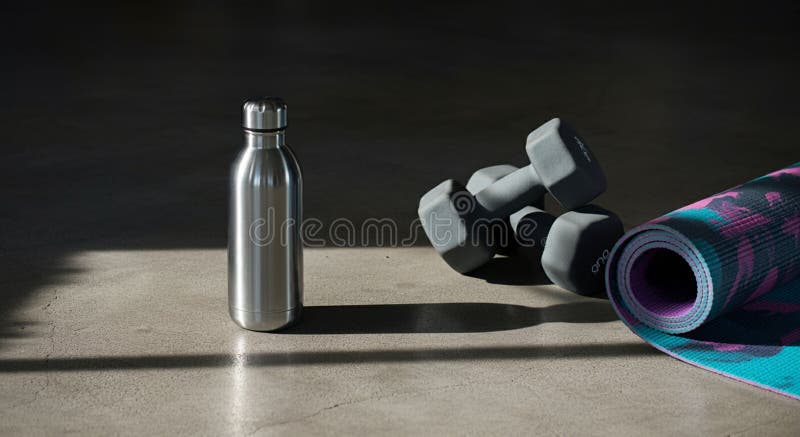 Edelstahl-Wasserflasche graue Muscheln und gewalzter Yogamat mit violett und violett stock abbildung
