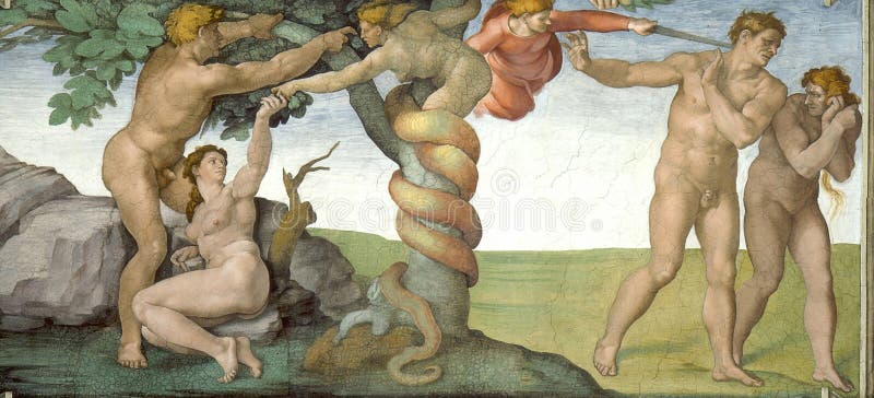 The Original Sin of Adam and Eve and their expulsion from Paradise is a fresco (280x570 cm) of Michelangelo Buonarroti, dated to about 1510 and is part of the decoration of the Sistine Chapel, the Vatican Museums in Rome, commissioned by Pope Julius II. The Original Sin of Adam and Eve and their expulsion from Paradise is a fresco (280x570 cm) of Michelangelo Buonarroti, dated to about 1510 and is part of the decoration of the Sistine Chapel, the Vatican Museums in Rome, commissioned by Pope Julius II.