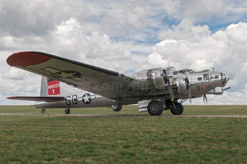 EDEN PRAIRIE, MN - JULY 16 2016: B-17G bomber Yankee Lady engines running prior to takeoff at air show. This B-17 was a Flying Fortress built for use during WW II but never flew in any combat missions