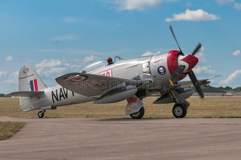 EDEN PRAIRIE, MN - JULY 16 2016: Hawker Sea Fury FB-11 `Sawbones` on taxiway. The Sea Fury was a British fighter aircraft developed during WW II and used by worldwide militaries until 1961.